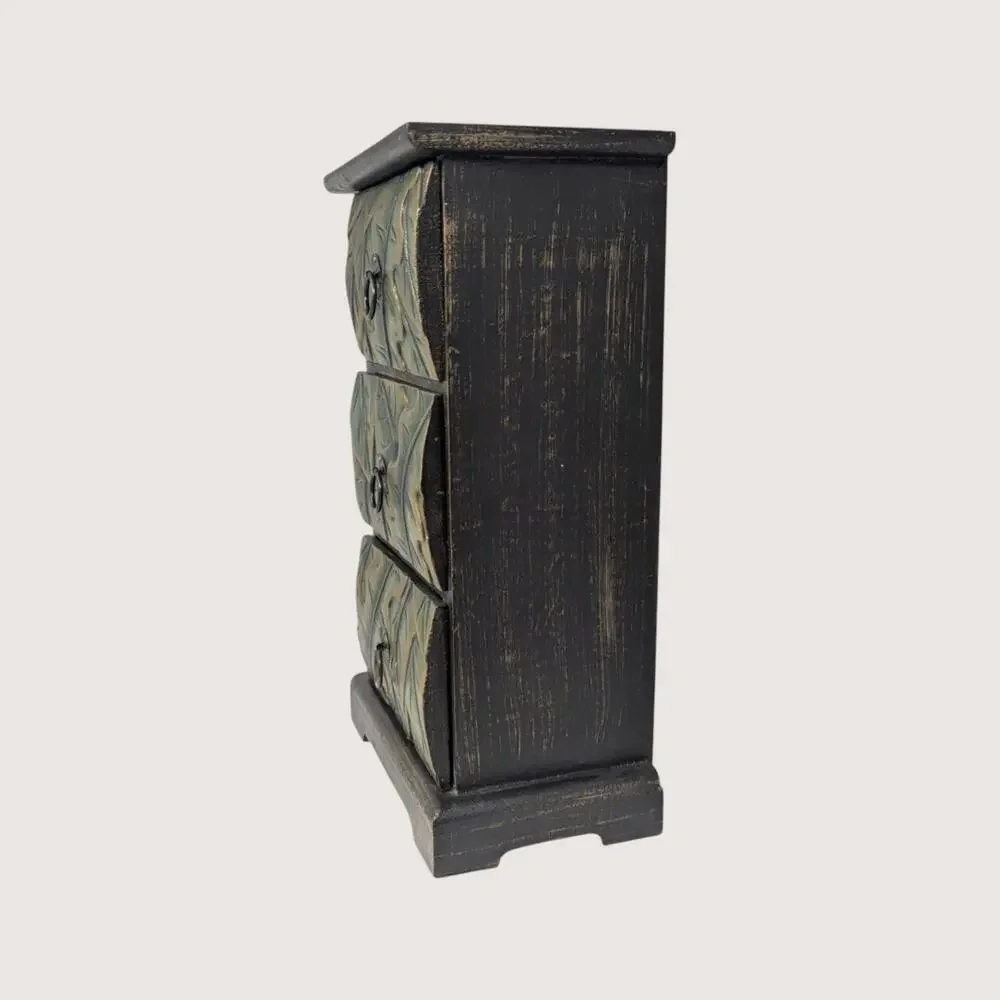 1980s Wooden Carved Leaf 3 Drawer Mini Chest